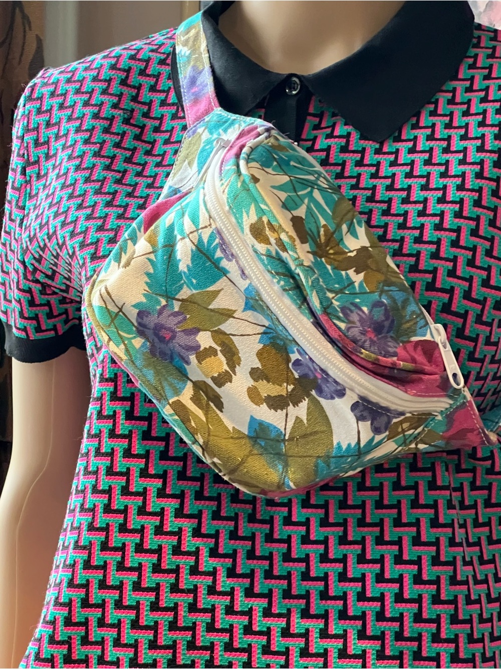 Floral Canvas Crossbody Belt Bag - Teal, Purple & Pink